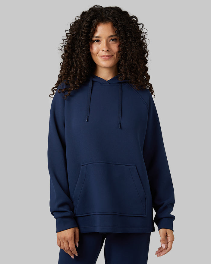 32 Degrees Dress Blue _ Women's sweat Tech Hoodie {model: Gabrielle is 5'8"and size 4 wearing size S}{bottom}{right} {bottom}{right}