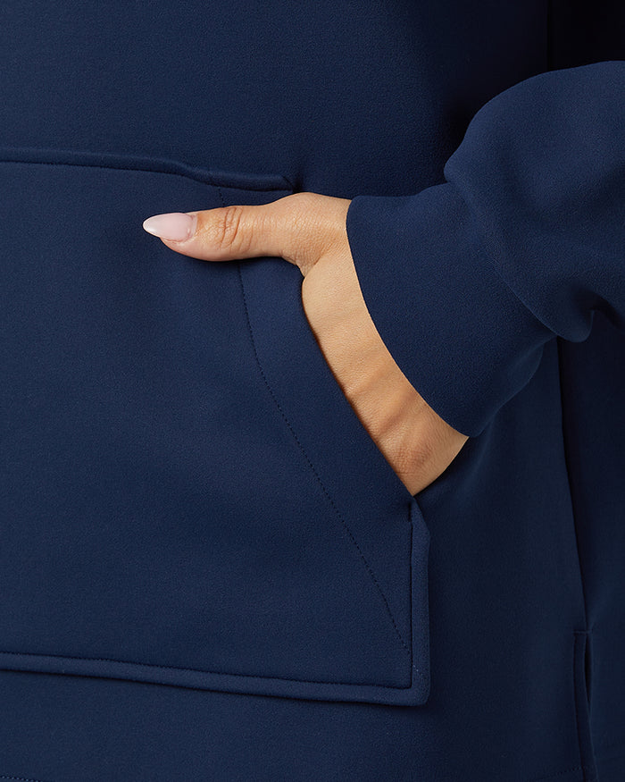 32 Degrees Dress Blue _ Women's sweat Tech Hoodie {model: Gabrielle is 5'8"and size 4 wearing size S}{bottom}{right} {bottom}{right}